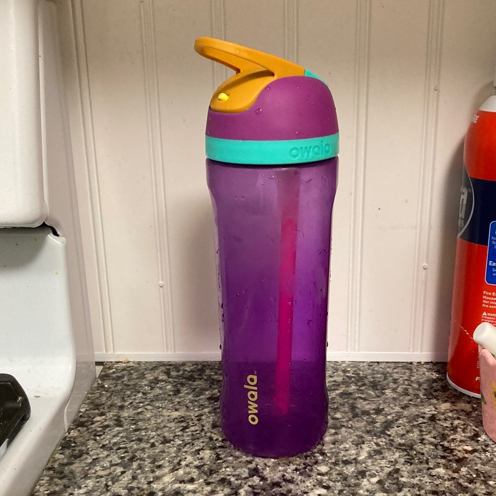 Peals Purple Water Bottle with Orange Lid and Pink Straw